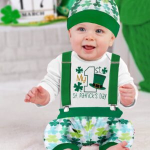 AGAPENG St Patricks Day Baby Boy Outfit Baby St Patricks Day Outfit Boy 0-3 Months My First St Patricks Day Baby Boy Outfit Long Sleeve Romper Shamrocks Suspenders Pants Hat