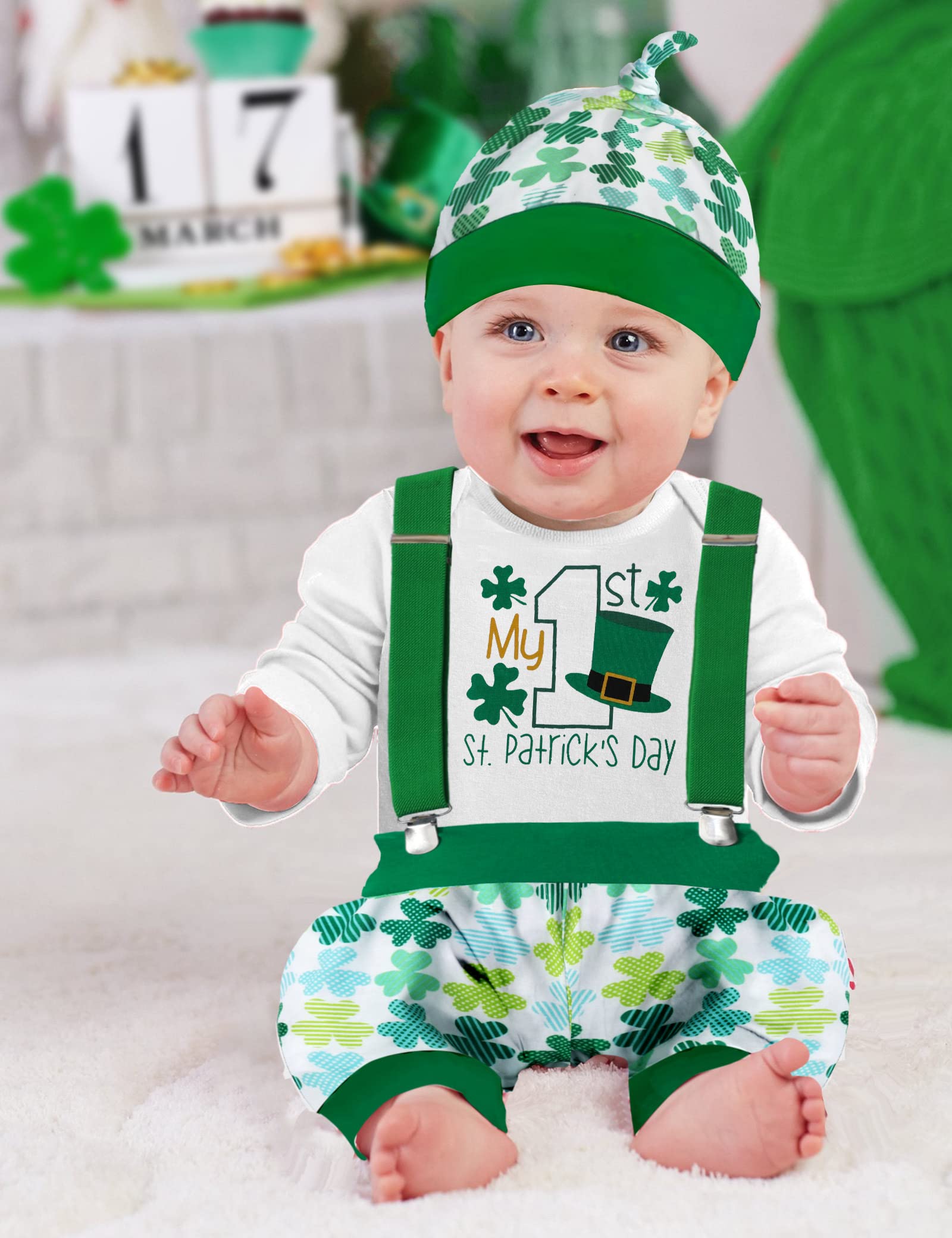 AGAPENG St Patricks Day Baby Boy Outfit Baby St Patricks Day Outfit Boy 0-3 Months My First St Patricks Day Baby Boy Outfit Long Sleeve Romper Shamrocks Suspenders Pants Hat