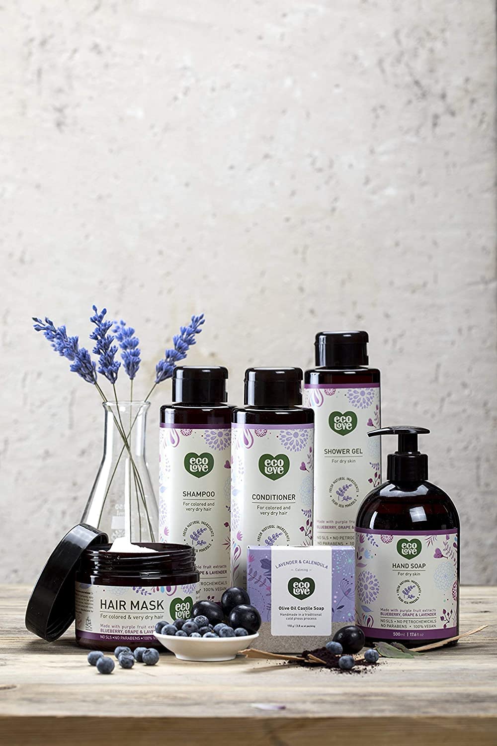 ecoLove - Natural Shampoo, Conditioner & Moisturizing Body Wash, With Organic Lavender Extract - No SLS or Parabens - Vegan and Cruelty-Free