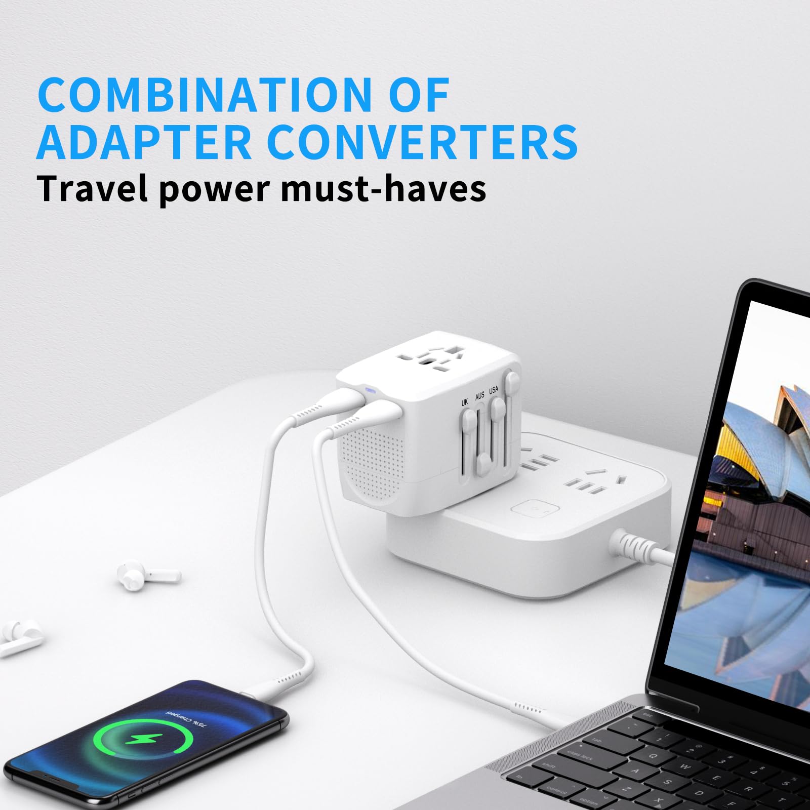 2000W Travel Voltage Converter, Universal Travel Adapter Voltage Converter Combo for 100V-240V, with 2 USB Ports, US to UK Europe Australia 200+ Countries Power Converter（White）