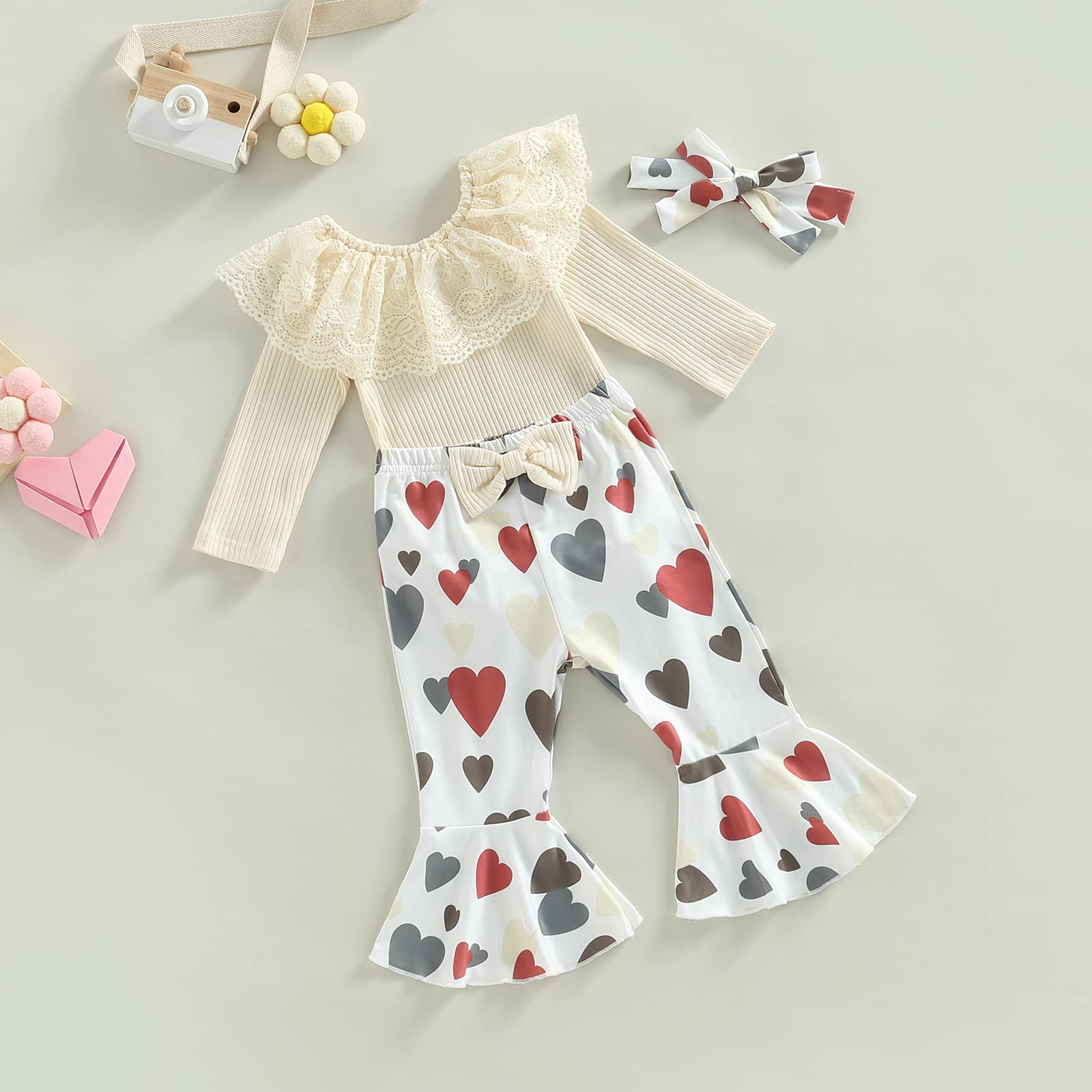 Valentine Day Baby Girl Cute Lace Ruffle Long Sleeve Romper Bodysuit Top and Bowknot Sweetie Heart Flare Long Pants Headband (Beige,0-6 Months)