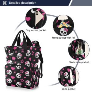 MNSRUU Diaper Bag Pink Hearts and Skulls Diaper Bag Backpack Multifunction Diaper Bag Tote For Baby Boy Girl Large Capacity Toddler Baby Changing Bags for Moms Dads