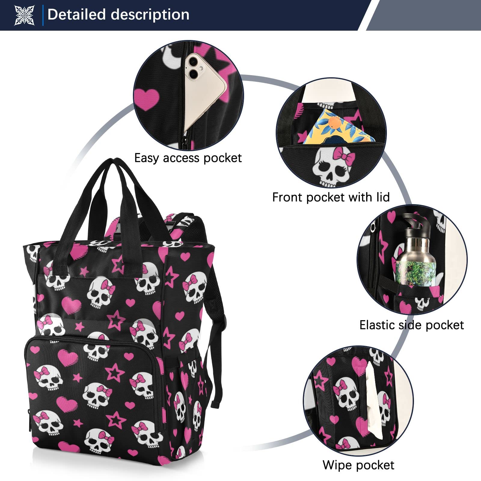 MNSRUU Diaper Bag Pink Hearts and Skulls Diaper Bag Backpack Multifunction Diaper Bag Tote For Baby Boy Girl Large Capacity Toddler Baby Changing Bags for Moms Dads