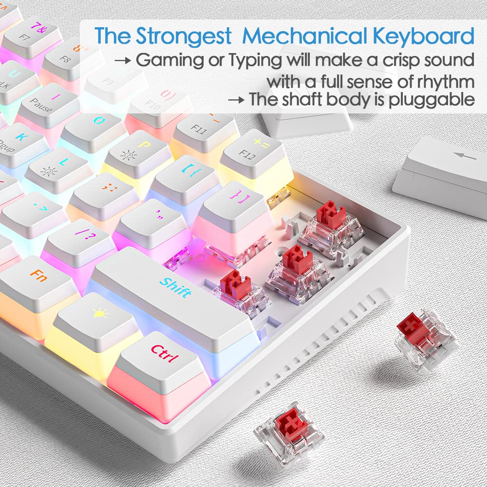 abucow Mechanical Keyboard Wired 60% Gaming Keyboard with 18 Style Colorful RGB Backlit Custom 63 Swappable keycaps (White&RGB)