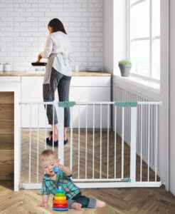 infans baby gate, 27.5"-47" extra wide safety banister fence for doorway stairs house, pressure mounted walk through gate for child, kids, pets, auto close, easy install no drilling