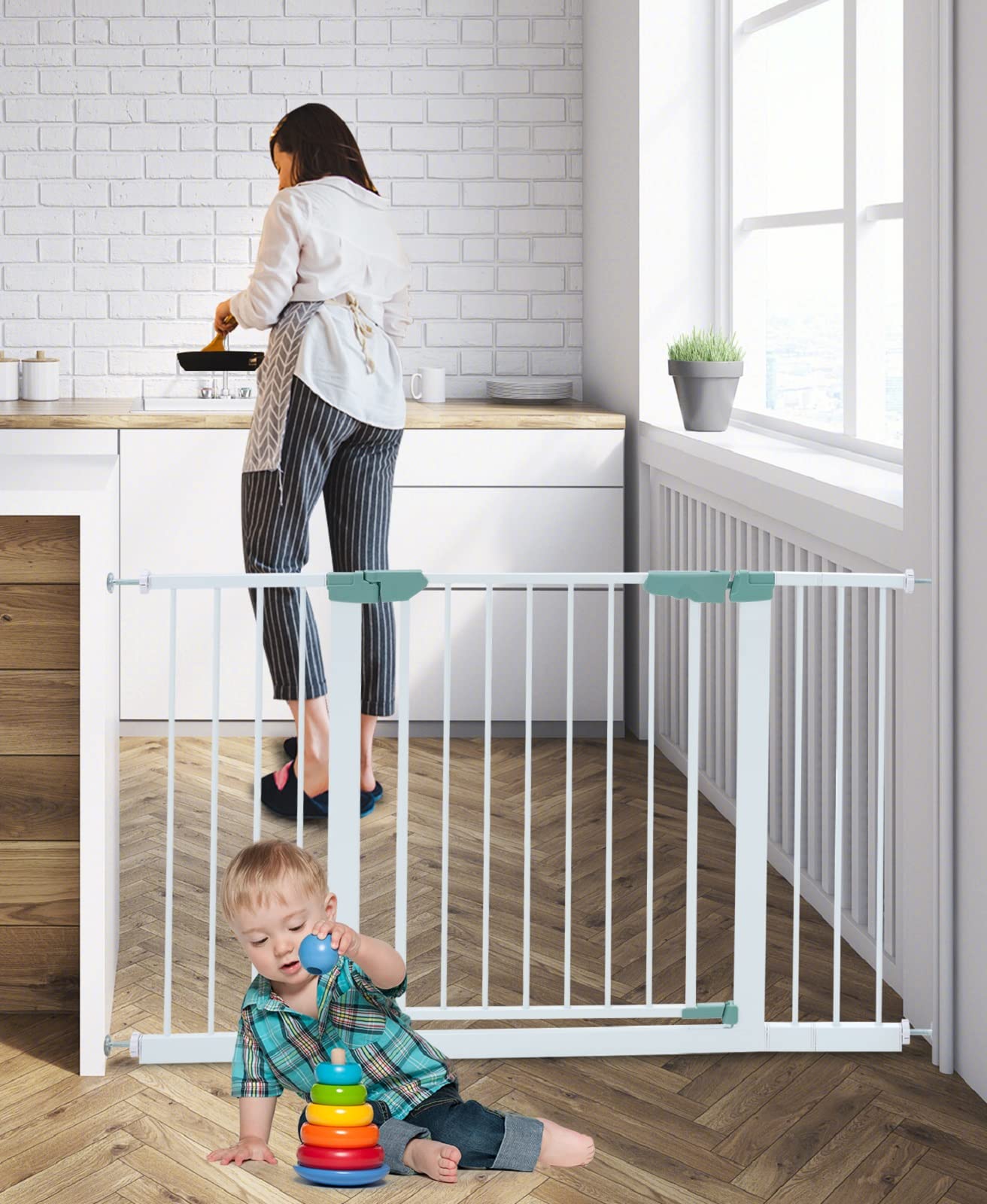 INFANS Baby Gate, 27.5"-47" Extra Wide Safety Banister Fence for Doorway Stairs House, Pressure Mounted Walk Through Gate for Child, Kids, Pets, Auto Close, Easy Install No Drilling