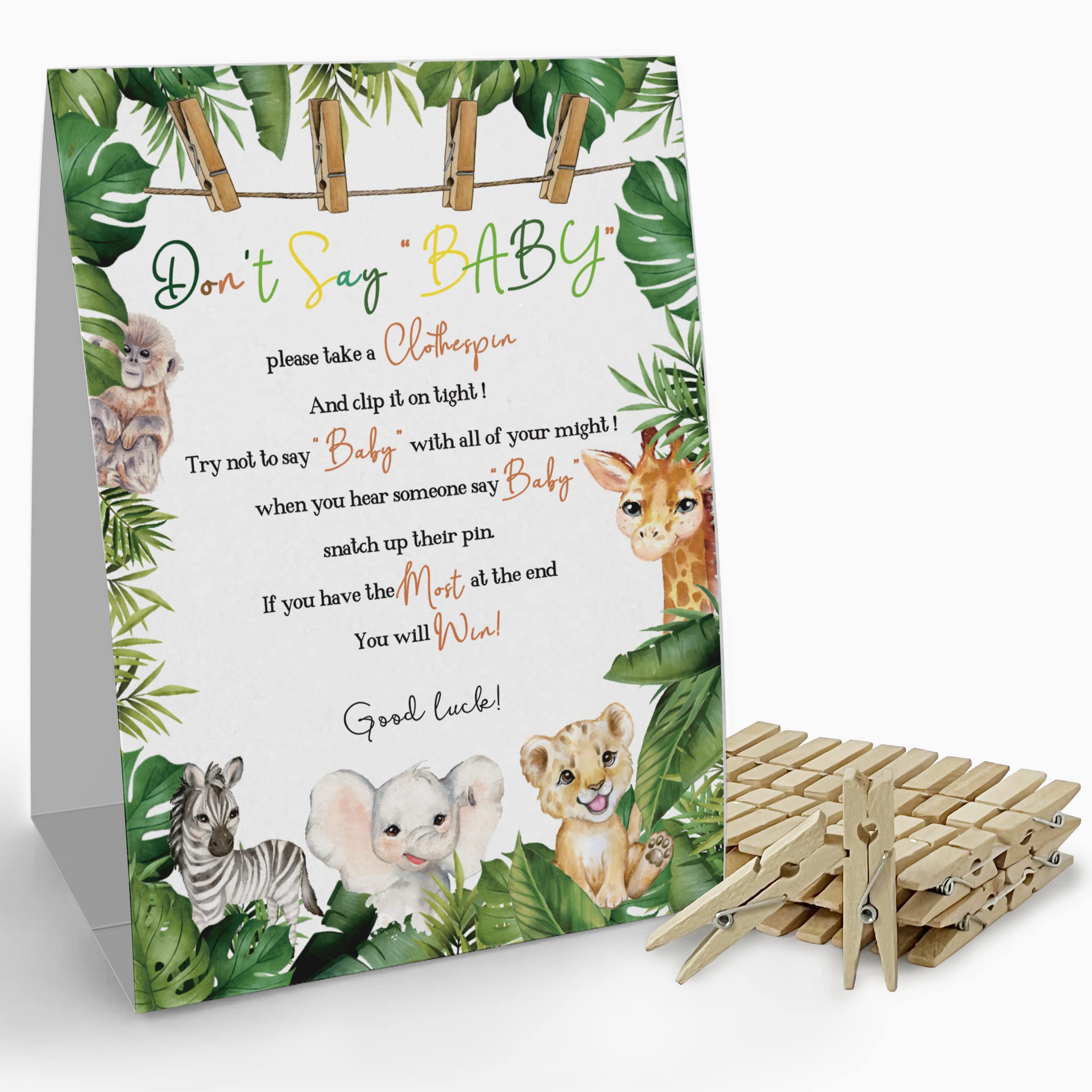 Don't Say Baby Clothespin Game Sign (1 Sign + 50 Mini Clothespins), Safari Animal Baby Shower Game，Baby Shower Decoration, Gender Neutral Baby Shower