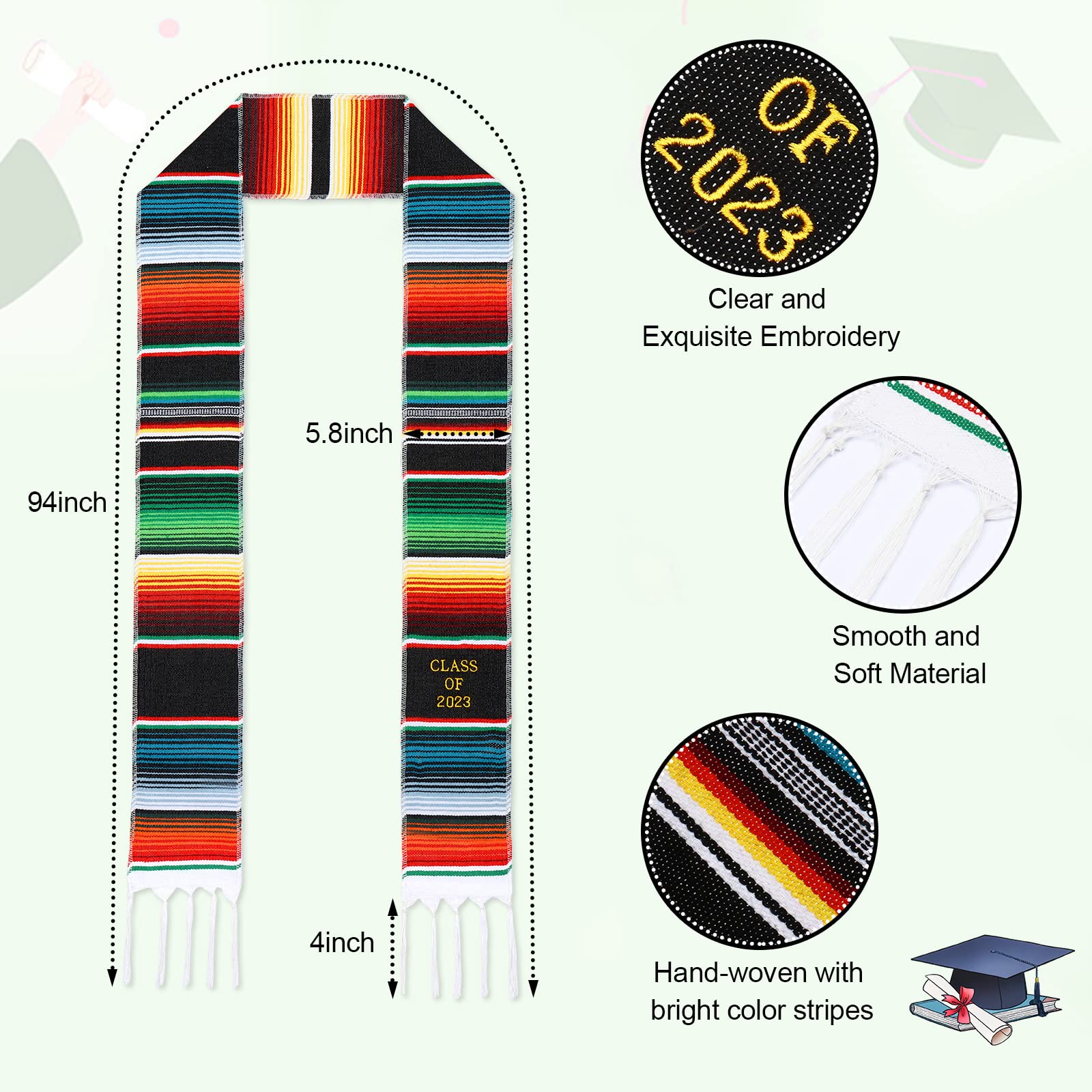 Zzbakress Class of 2023 Mexican Graduation Stole, Latino Hispanic Serape Blanket Graduation Sash (Class of 2023 balck)