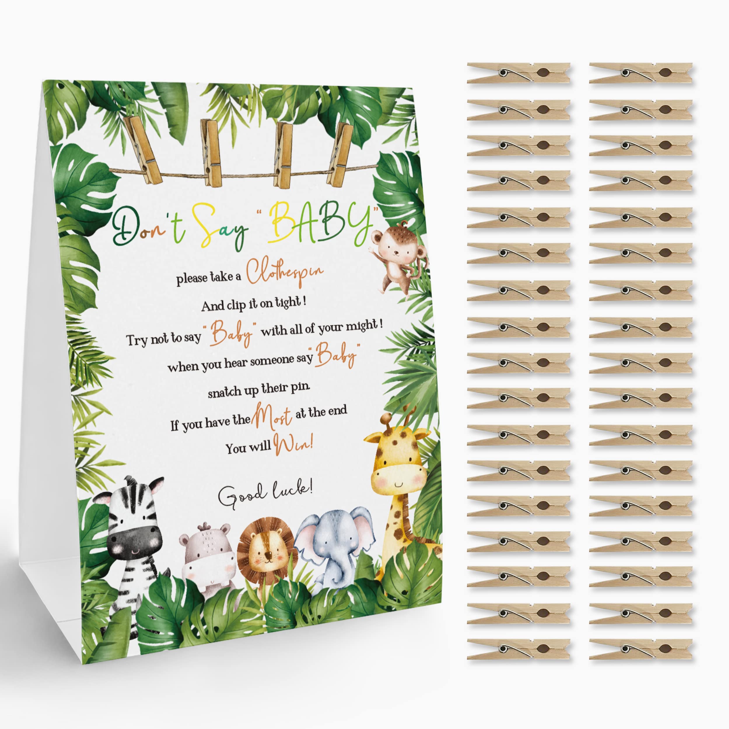 Don't Say Baby Clothespin Game Sign (1 Sign + 50 Mini Clothespins), Safari Animal Baby Shower Game, Gender Neutral Baby Shower, Baby Shower Decoration