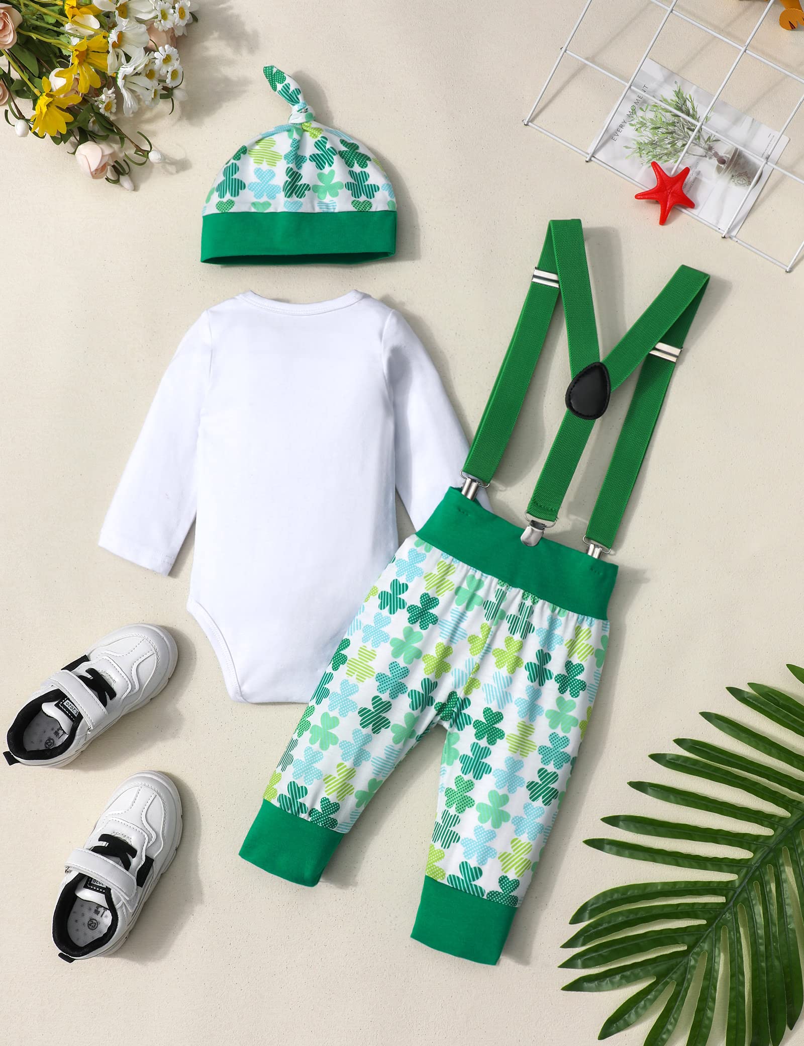 AGAPENG St Patricks Day Baby Boy Outfit Baby St Patricks Day Outfit Boy 0-3 Months My First St Patricks Day Baby Boy Outfit Long Sleeve Romper Shamrocks Suspenders Pants Hat