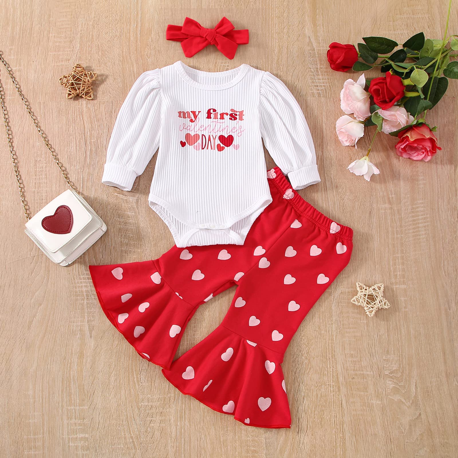 Meihuida My First Valentines Day Baby Girl Outfit Long Sleeve Ribbed Romper Heart Pants Headband Red 0-3 Months