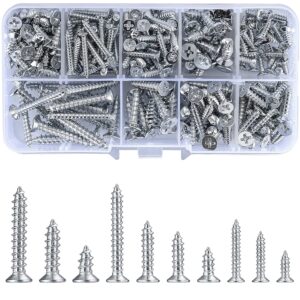 wugongshan 250g self tapping screws assortment fasteners set, m3/m4/m5 sheet metal screws fasteners kit, round drive flat countersunk head wood screws for woodworking - 10 sizes