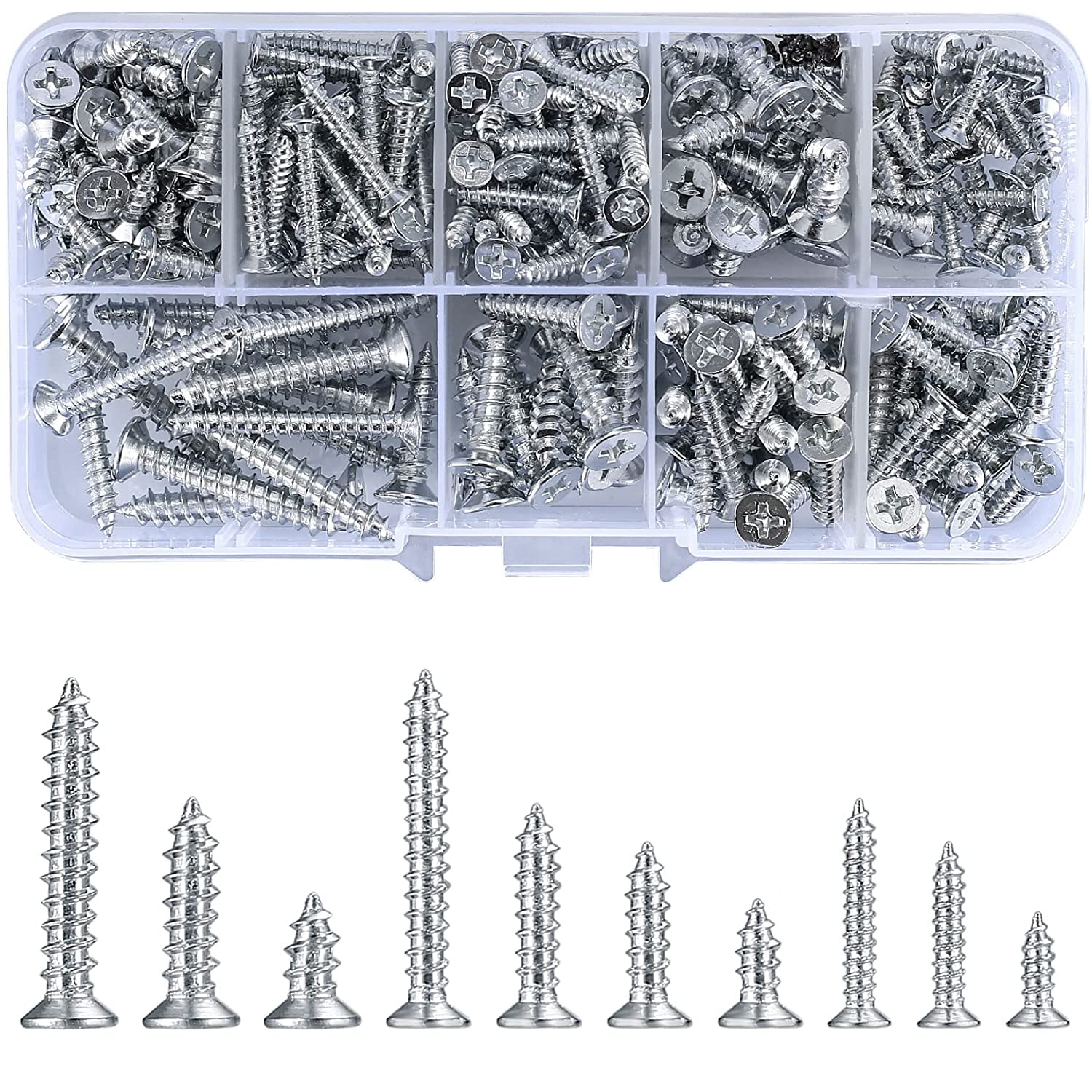 wugongshan 250G Self Tapping Screws Assortment Fasteners Set, M3/M4/M5 Sheet Metal Screws Fasteners Kit, Round Drive Flat Countersunk Head Wood Screws for Woodworking - 10 Sizes