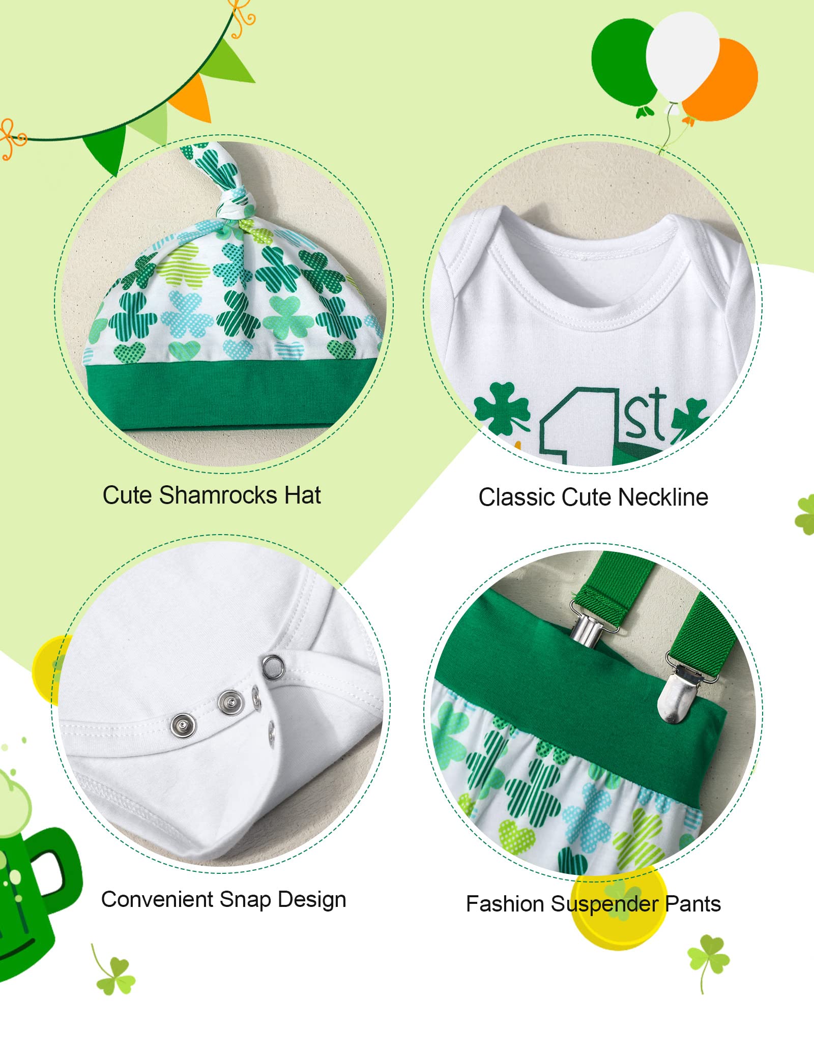 AGAPENG St Patricks Day Baby Boy Outfit Baby St Patricks Day Outfit Boy 0-3 Months My First St Patricks Day Baby Boy Outfit Long Sleeve Romper Shamrocks Suspenders Pants Hat