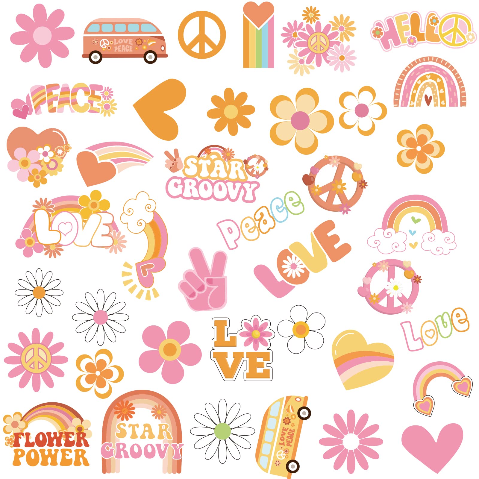 280Pcs Hippie Theme Temporary Tattoos Stickers 70's Theme Tattoos Stickers Hippie Face Body Stickers For Adults And Kids Cute Cartoon Printing Hippie Theme Assorted Groovy Party Supplies