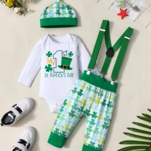 AGAPENG St Patricks Day Baby Boy Outfit Baby St Patricks Day Outfit Boy 0-3 Months My First St Patricks Day Baby Boy Outfit Long Sleeve Romper Shamrocks Suspenders Pants Hat