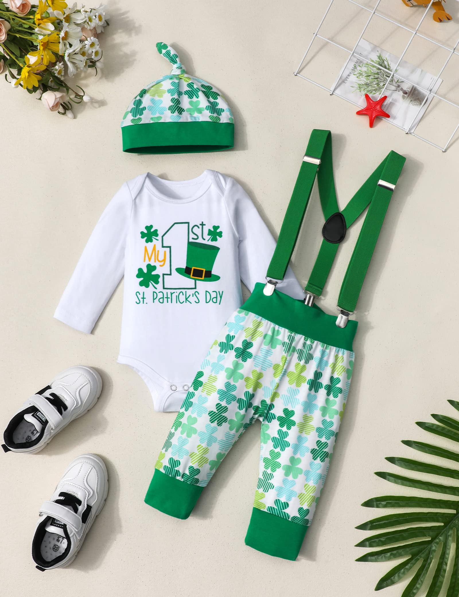 AGAPENG St Patricks Day Baby Boy Outfit Baby St Patricks Day Outfit Boy 0-3 Months My First St Patricks Day Baby Boy Outfit Long Sleeve Romper Shamrocks Suspenders Pants Hat