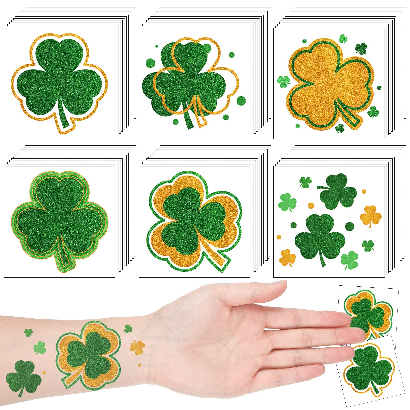 120 Pieces Glitter Shamrock Tattoo Stickers St. Patrick's Day Clover Temporary Tattoos St Patricks Day Stickers Shamrock Sticker Irish St Patricks Day Decor Party Favors for Men Women