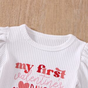 Meihuida My First Valentines Day Baby Girl Outfit Long Sleeve Ribbed Romper Heart Pants Headband Red 0-3 Months