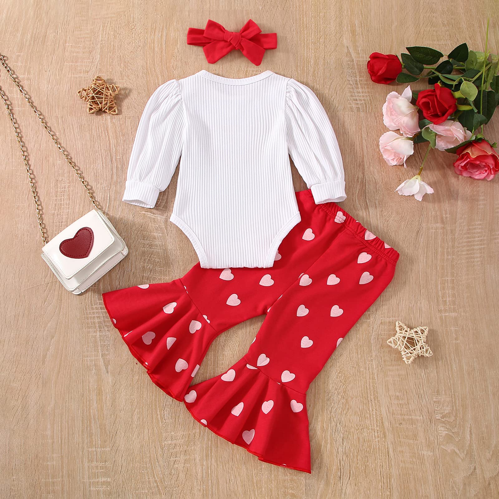 Meihuida My First Valentines Day Baby Girl Outfit Long Sleeve Ribbed Romper Heart Pants Headband Red 0-3 Months