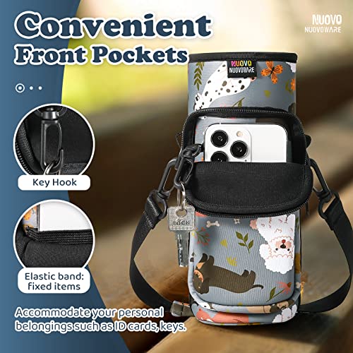 Nuovoware Water Bottle Carrier Bag, 25oz/32oz Bottle Pouch Holder, Adjustable Shoulder Hand Strap 2 Pocket Sling Neoprene Sleeve Sports Water Bottle Accessories for Hiking Travelling Camp, Gray Puppy