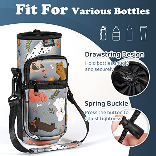 Nuovoware Water Bottle Carrier Bag, 25oz/32oz Bottle Pouch Holder, Adjustable Shoulder Hand Strap 2 Pocket Sling Neoprene Sleeve Sports Water Bottle Accessories for Hiking Travelling Camp, Gray Puppy