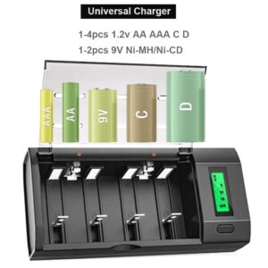 Palowextra Premium Rechargeable C Cell Batteries with Charger, 6 Pack 1.2v NiMH C Size Batteries with Universal Battery Charger for AA AAA 9V D C Rechargeable Batteries （6 Count (C Size)