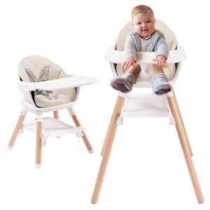 6-in-1 baby high chair, convertible highchair for babies and toddlers with storage plate & dishwasher safe tray, infant feeding chair, wooden high chair with hard beech wood legs