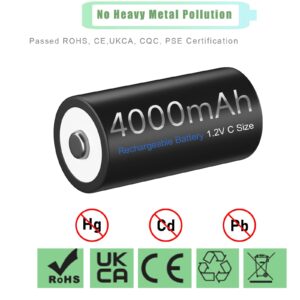 Palowextra Premium Rechargeable C Cell Batteries with Charger, 6 Pack 1.2v NiMH C Size Batteries with Universal Battery Charger for AA AAA 9V D C Rechargeable Batteries （6 Count (C Size)