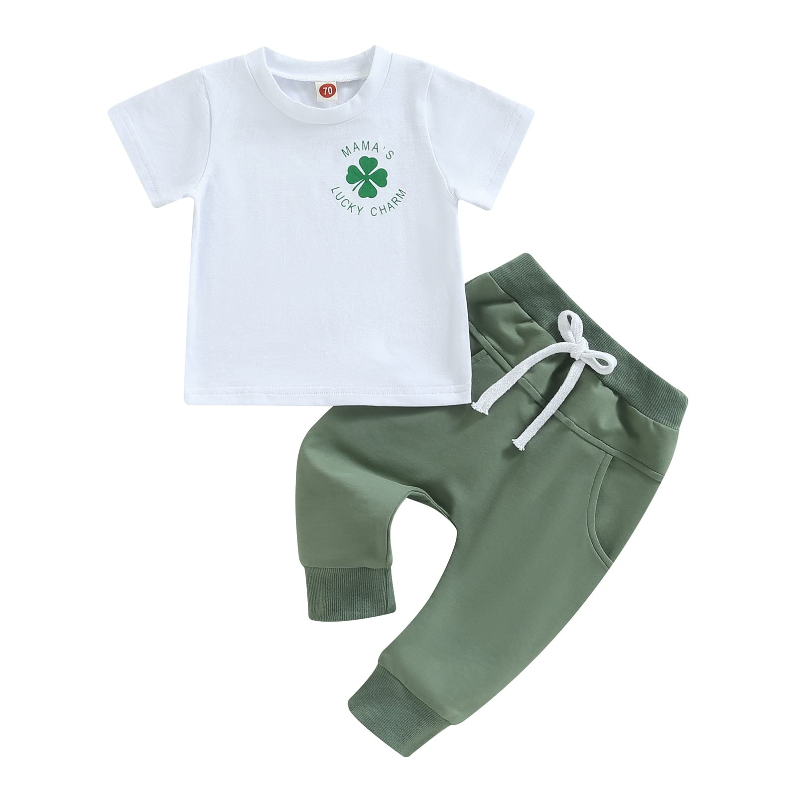 2PCS Infant Toddler Baby Boy St. Patrick 's Day Outfit Set Clover Letter Printed Short Sleeve T-Shirt Tops and Jogger Pants Set (White+Green, 6-12 Months)