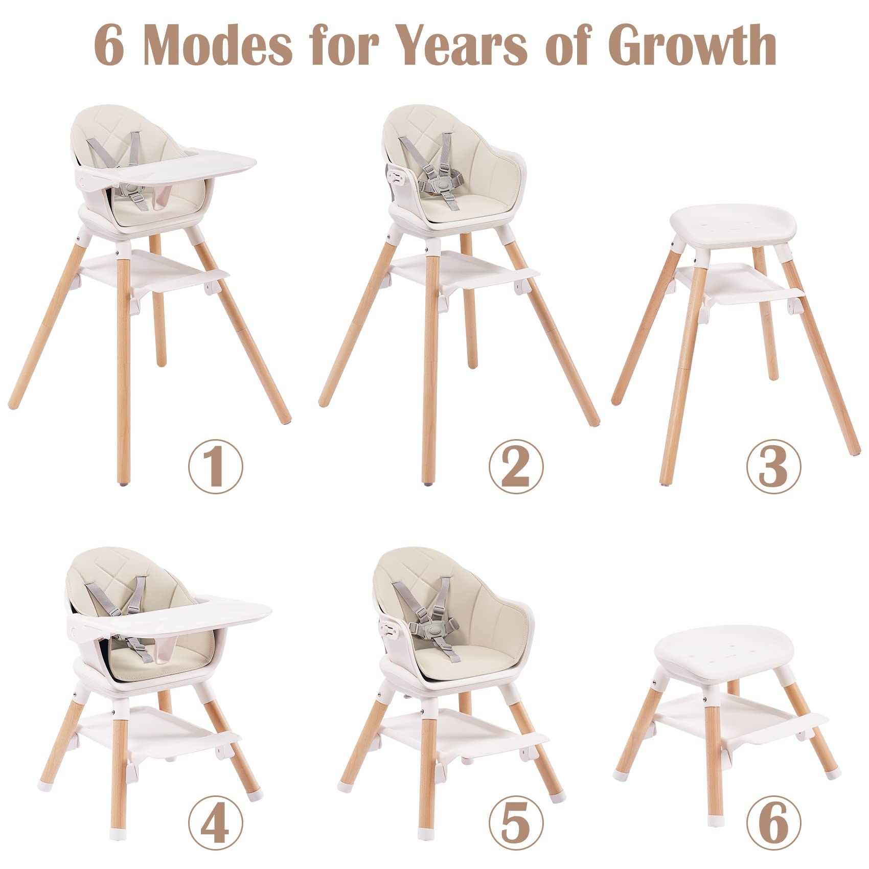 6-in-1 Baby High Chair, Convertible Highchair for Babies and Toddlers with Storage Plate & Dishwasher Safe Tray, Infant Feeding Chair, Wooden High Chair with Hard Beech Wood Legs