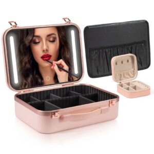 extrei gent makeup travel lighted case with large led light mirror coetic bag organizer professional adjustable divider storage, waterproof portable make up train box accessories and tools case