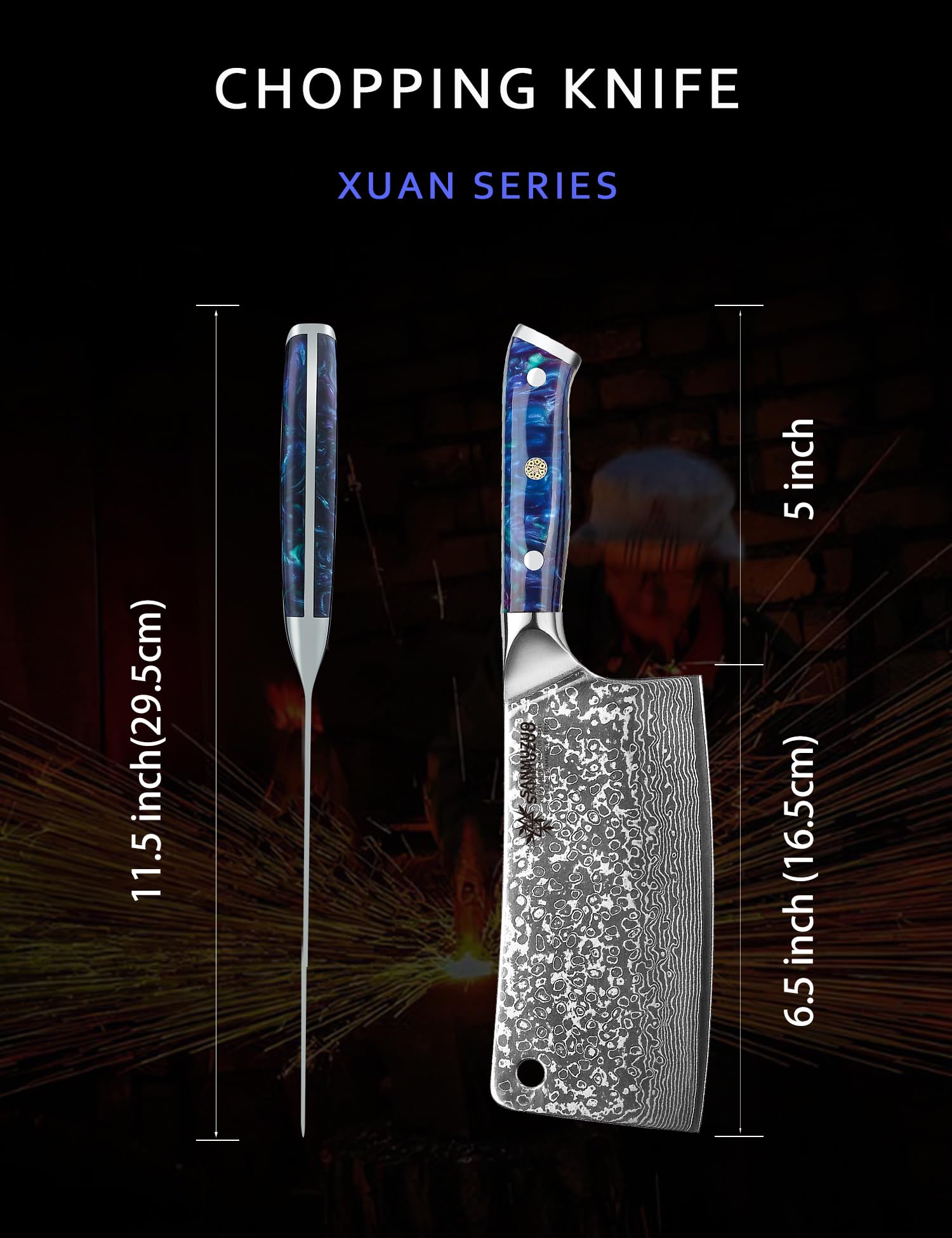 SANMUZUO Chopping Knife - 7 inch Cleaver Knife- Xuan Series - VG10 Damascus Steel Kitchen Knife - Resin Handle (Sapphire Blue)