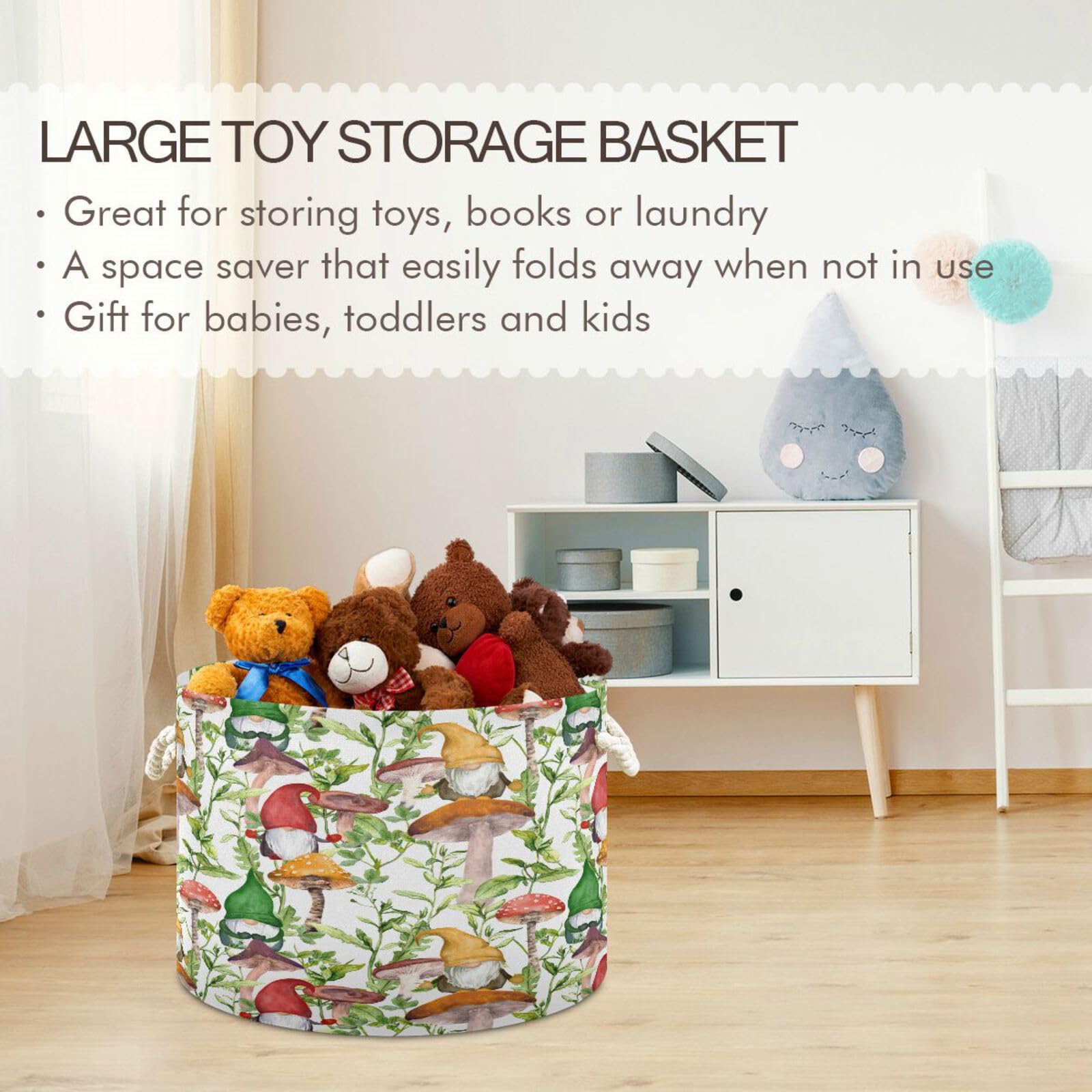 Kigai Mushroom Gnome Cotton Rope Basket Large Round Baby Laundry Basket Toy Blanket Books Storage Bin for Bedroom Bathroom Nursery Home Decor