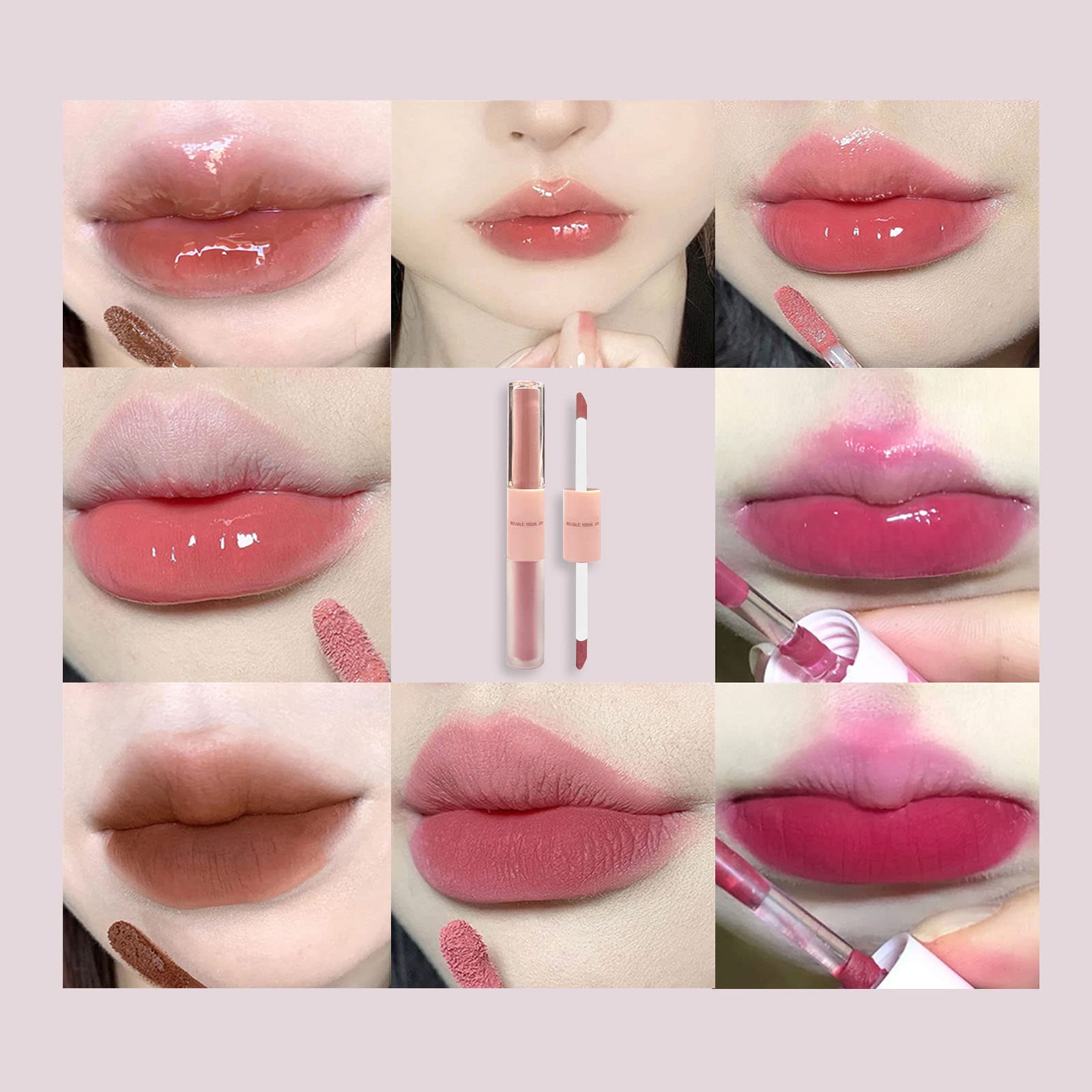 KWOLYKIM 2 In 1 Double Mirror And Matte Lip Gloss, Hydrating Lip Gloss with Essential oil, Liquid Shine Glossy Lip Tint, Hydrated & Fuller-looking Lips, Long-Lasting Sweet Lip Glaze