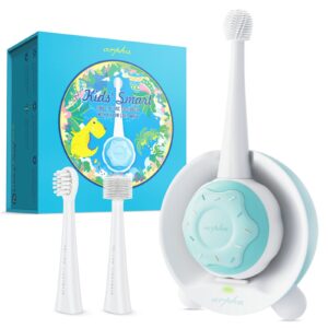 arpha kids electric toothbrushes age 1-8, rechargeable toddler timer toothbrush with 3 kid-sized brush heads, yellow light technology, blue dinosaur package