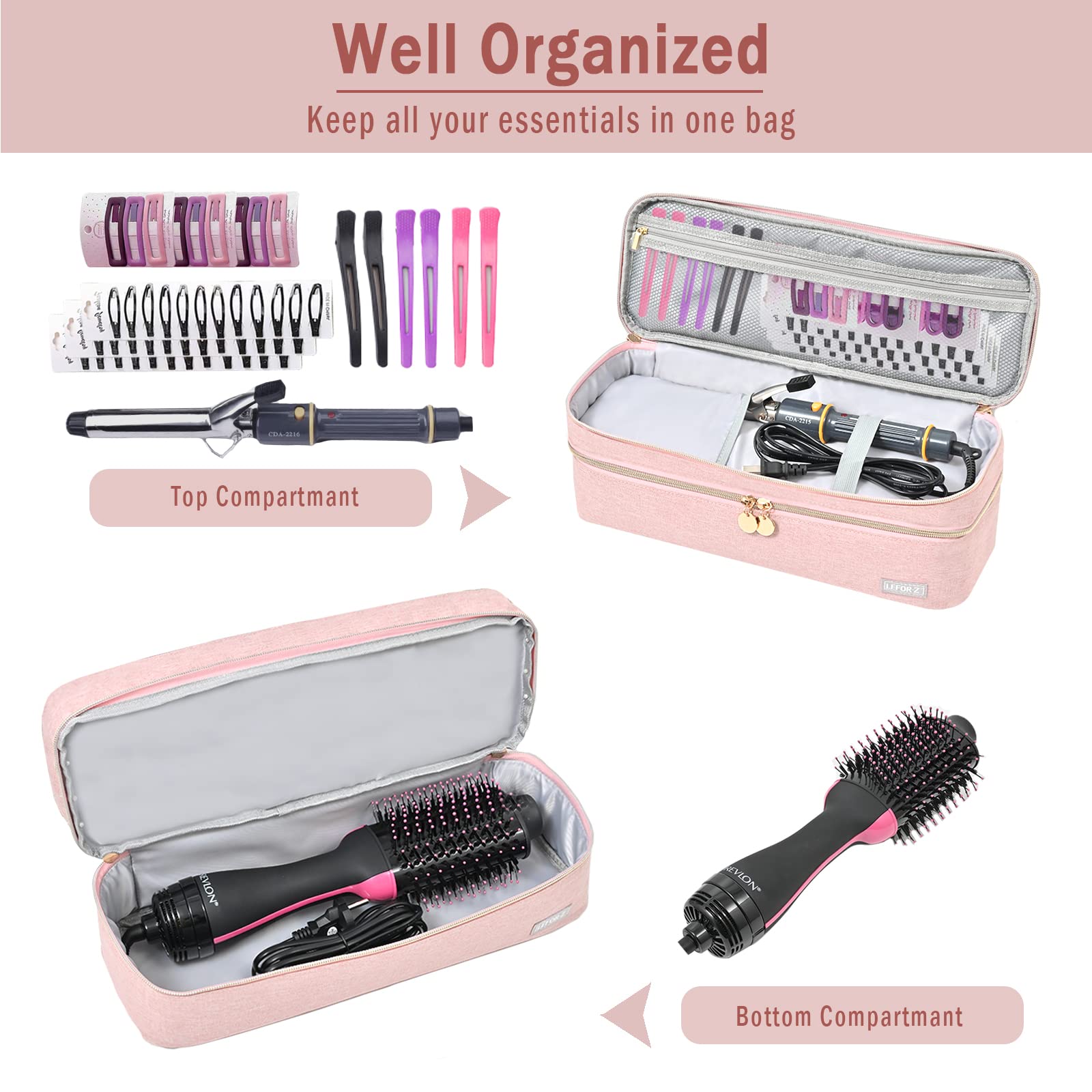 Double-Layer Travel Carrying Case Compatible with Revlon One-Step Hair Dryer Brush/Volumizer Original 1.0,Plus 2.0/Styler,Portable Storage Bag Fits for Revlon,Hot Tools and Attachments,Pink(Bag Only)