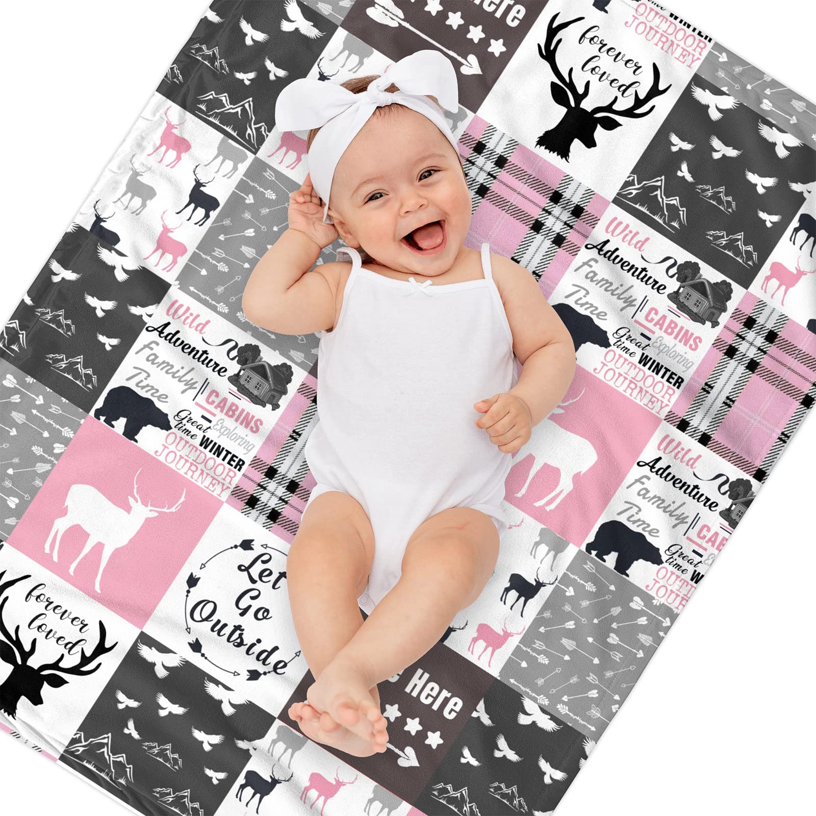 Munific Personalized Baby Bedding Set for Girls, Custom Baby Sets with Name, Woodland Theme Nursery Bedding, 2 Piece Baby Bedding Sets, Deer Baby Plaid Pink Comforter, Fitted Sheet for Baby Girls