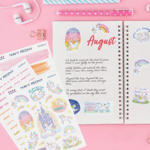 Navy Peony Whimsical Unicorn Self-Care Stickers Sheets (8 Sheets, 150+ Stickers) - A6 Size, Washi/Waterproof Paper Mix | Motivational Quote Stickers for Journals, Planners, Scrapbooks