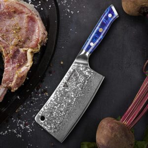 SANMUZUO Chopping Knife - 7 inch Cleaver Knife- Xuan Series - VG10 Damascus Steel Kitchen Knife - Resin Handle (Sapphire Blue)