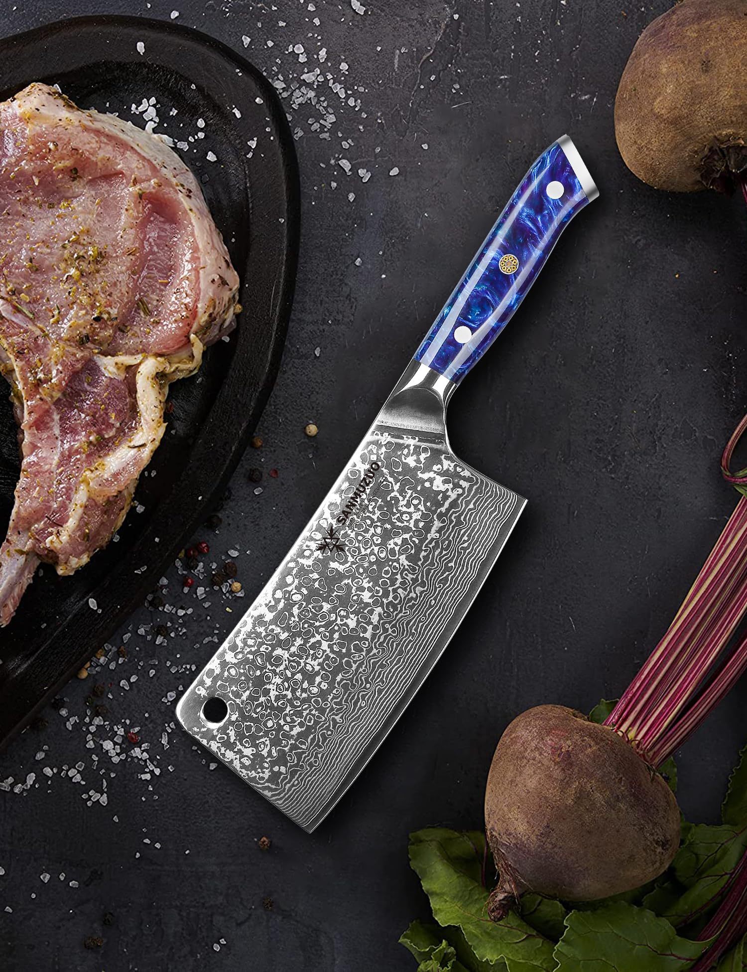 SANMUZUO Chopping Knife - 7 inch Cleaver Knife- Xuan Series - VG10 Damascus Steel Kitchen Knife - Resin Handle (Sapphire Blue)