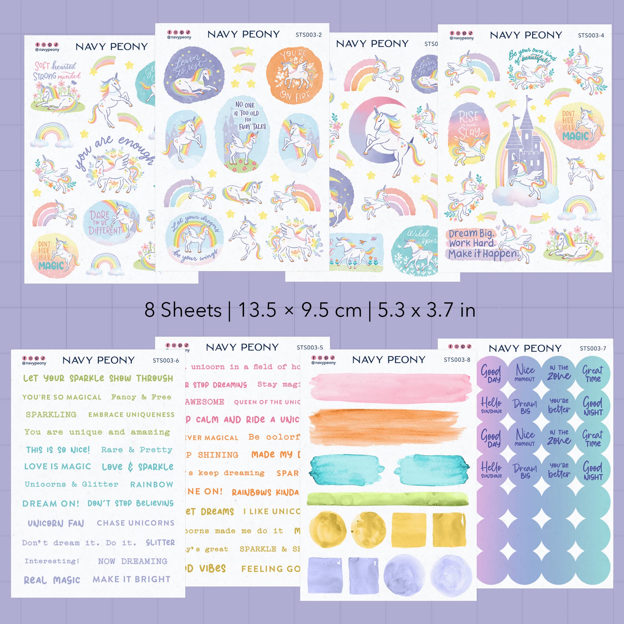 Navy Peony Whimsical Unicorn Self-Care Stickers Sheets (8 Sheets, 150+ Stickers) - A6 Size, Washi/Waterproof Paper Mix | Motivational Quote Stickers for Journals, Planners, Scrapbooks