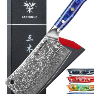 SANMUZUO Chopping Knife - 7 inch Cleaver Knife- Xuan Series - VG10 Damascus Steel Kitchen Knife - Resin Handle (Sapphire Blue)