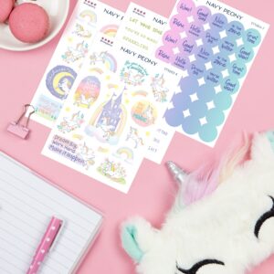 Navy Peony Whimsical Unicorn Self-Care Stickers Sheets (8 Sheets, 150+ Stickers) - A6 Size, Washi/Waterproof Paper Mix | Motivational Quote Stickers for Journals, Planners, Scrapbooks