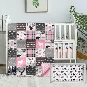 munific personalized baby bedding set for girls, custom baby sets with name, woodland theme nursery bedding, 2 piece baby bedding sets, deer baby plaid pink comforter, fitted sheet for baby girls