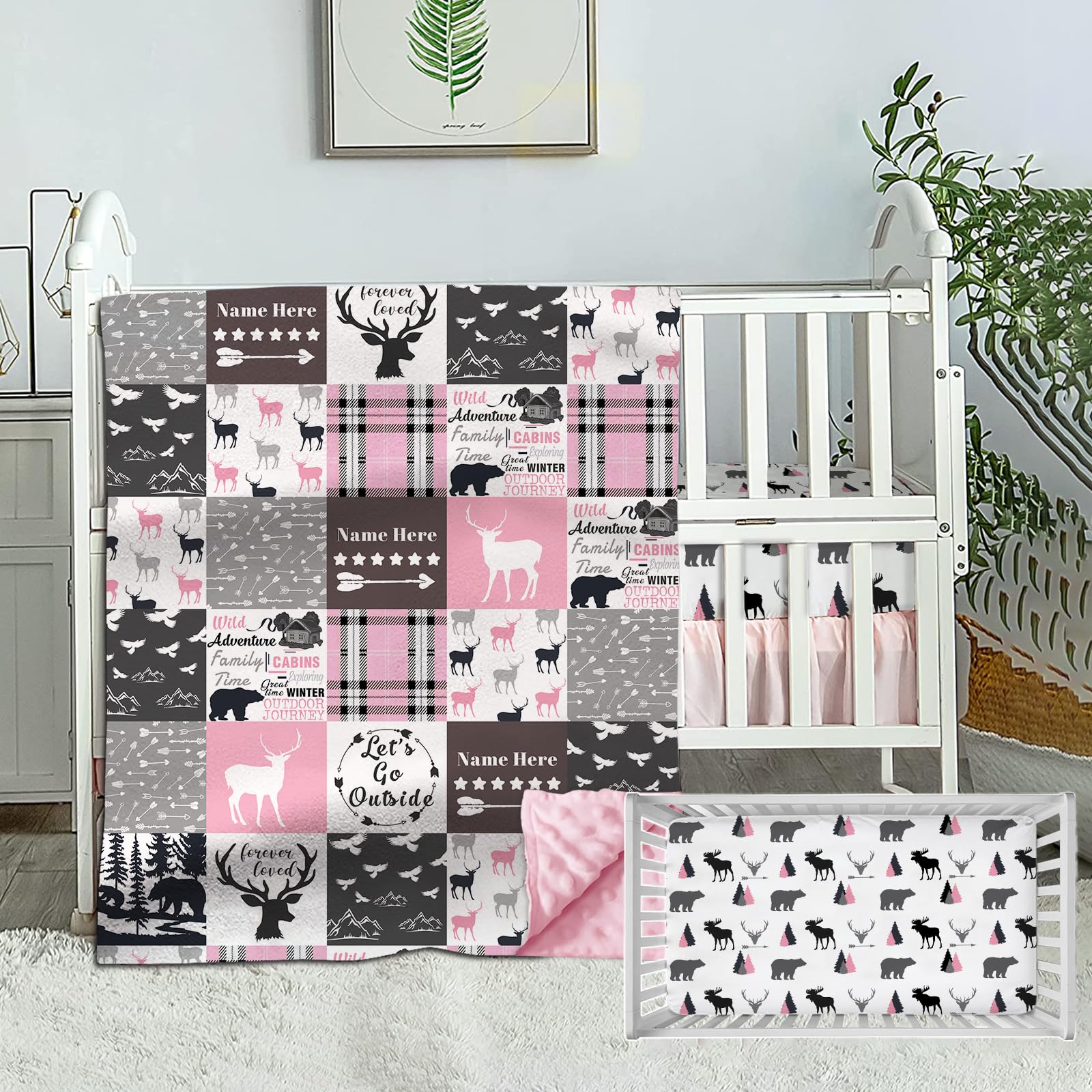 Munific Personalized Baby Bedding Set for Girls, Custom Baby Sets with Name, Woodland Theme Nursery Bedding, 2 Piece Baby Bedding Sets, Deer Baby Plaid Pink Comforter, Fitted Sheet for Baby Girls