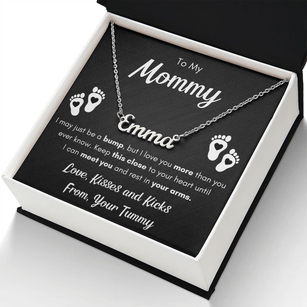 Name Necklace Baby Feet Heart Necklace Baby Gift Set To My Mommy Necklaces For Women Gifts for New Mom Baby Shower Gifts for Mom To Be Pregnancy Gifts for First Time Pregnant Moms Christmas Gift for Wife (Standard Box, Baby Bump Custom Name)