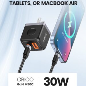 ORICO GaN USB C Charger with USB C Cable, 30W Power Delivery + QC3.0 USB A Double Port Fast Charging Adapter, Mini Wall Charger Compatible with iPhone 14 13 12 Pro Max Galaxy, iPad, MacBook Air