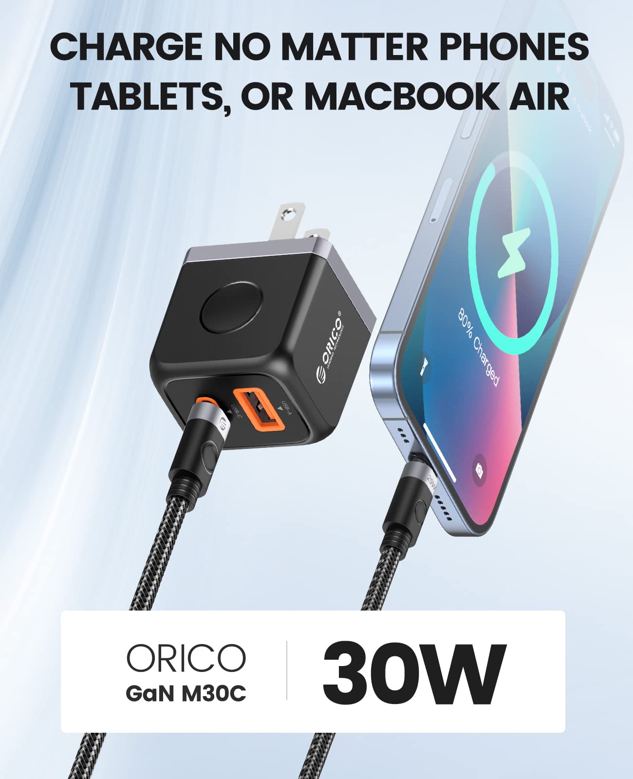 ORICO GaN USB C Charger with USB C Cable, 30W Power Delivery + QC3.0 USB A Double Port Fast Charging Adapter, Mini Wall Charger Compatible with iPhone 14 13 12 Pro Max Galaxy, iPad, MacBook Air