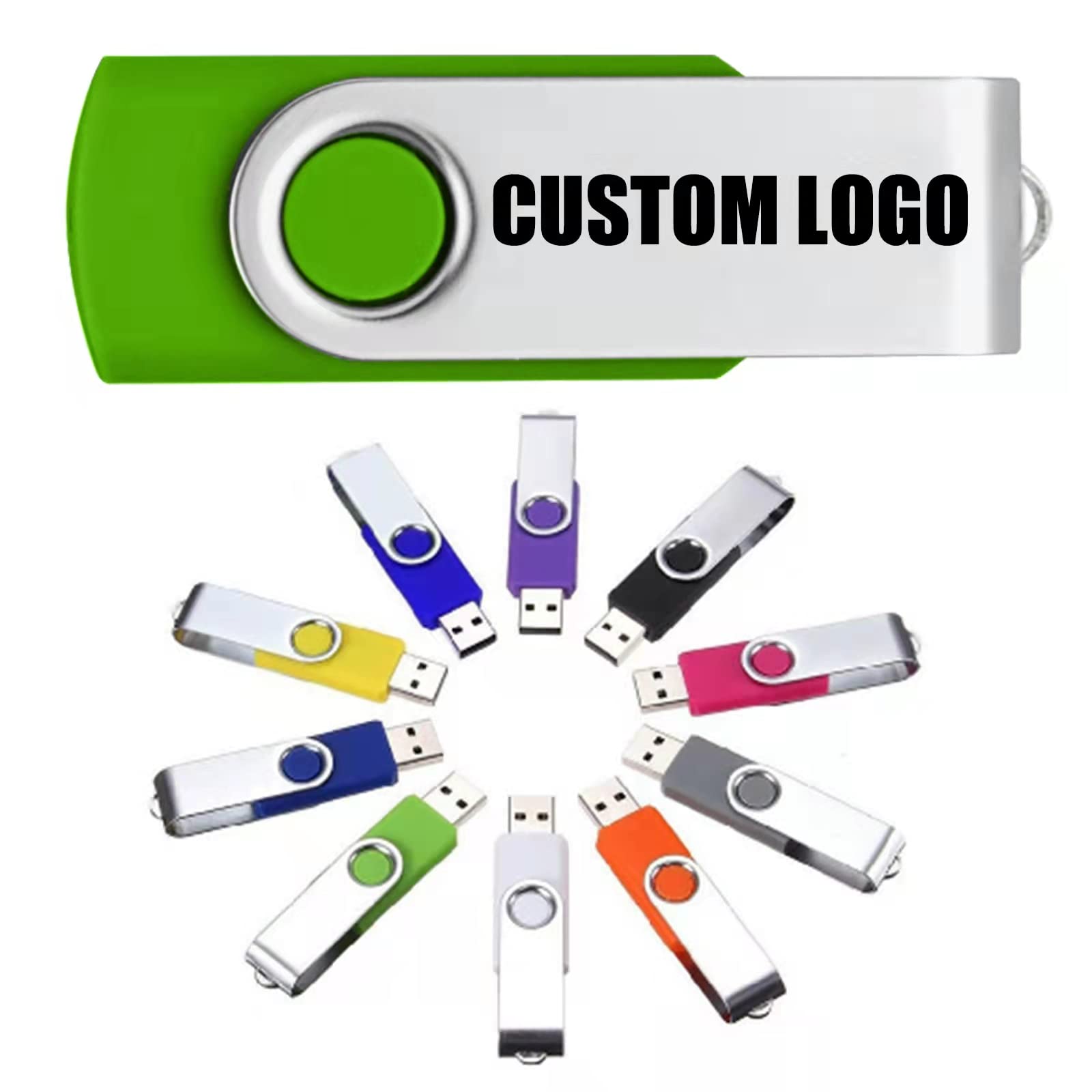 Custom Logo USB Flash Drive Bulk Personalized USB 2.0 Swivel Memory Stick with Keychain and USB C Adapter Double-Sided Printed Free Thumb Drive Pen Drive - as Promotional Gift Wholesale(512MB,50PACK)